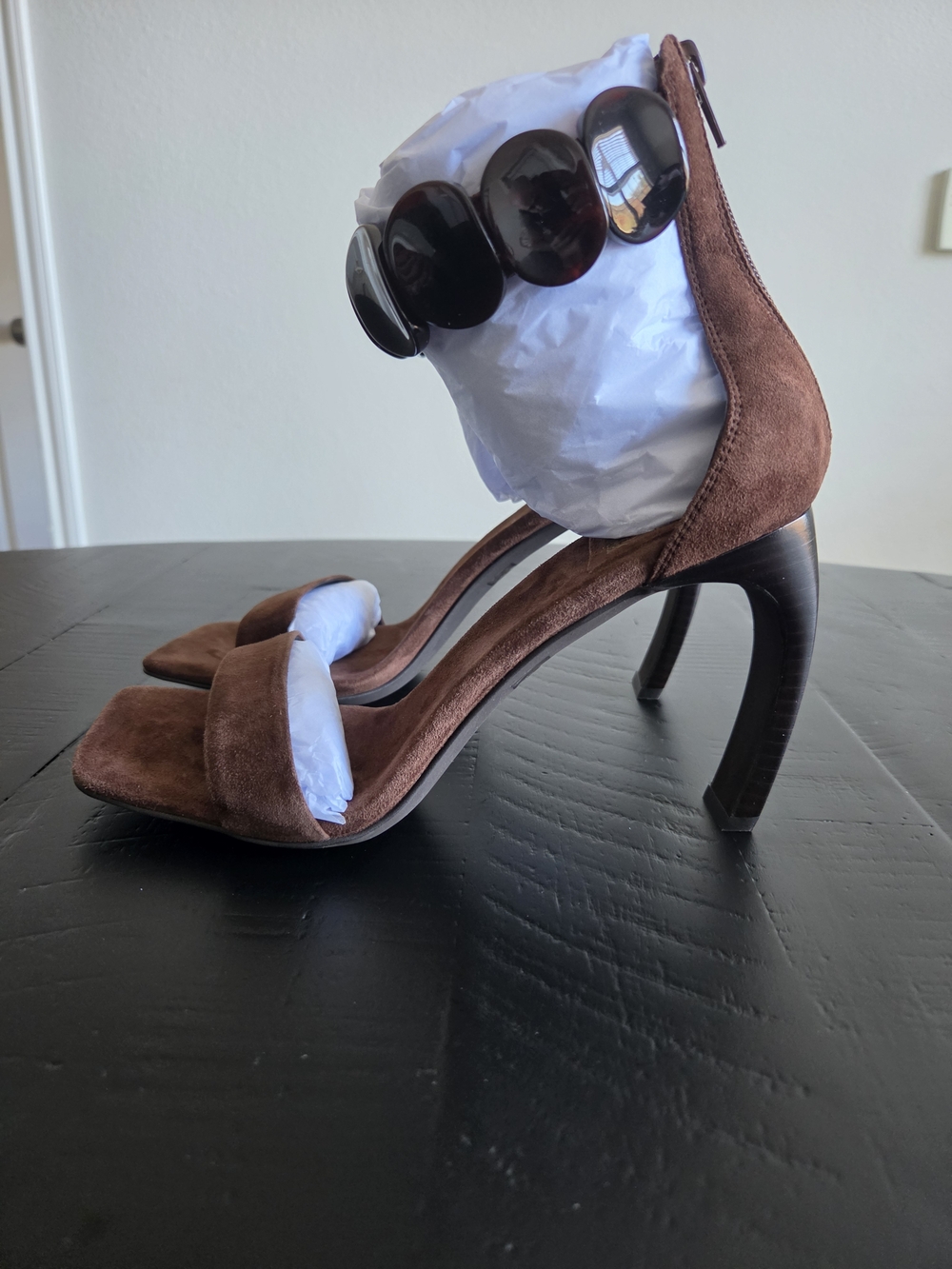 Jeffrey Campbell Brown Suede High Heel Sandals with Tortoiseshell Discs